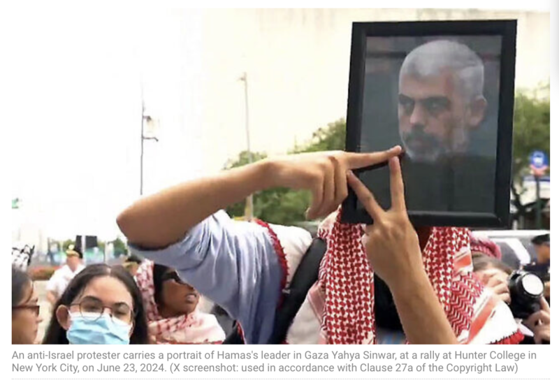 PRO-HAMAS terror supporters in NYC wave Hezbollah, Hamas flags, hold portrait of Hamas leader